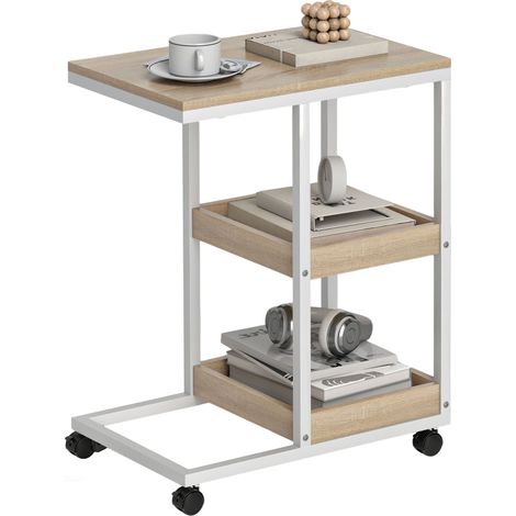 Mesa auxiliar con ruedas estantes abiertos marco acero 51x33x66cm natural y blanco