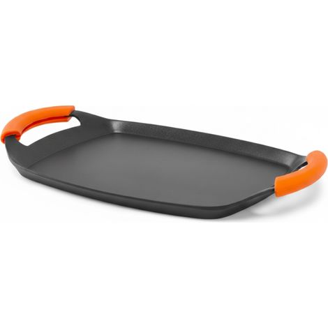 Piastra grill in fusione di alluminio. Rifinito in pietra. Anti-aderente. Dimensione totale: 36 cm.