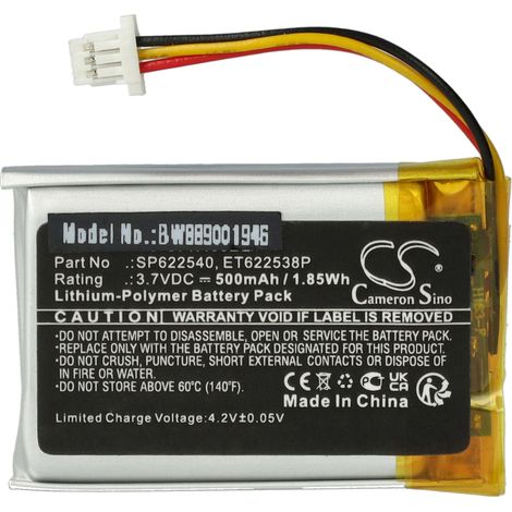 vhbw Batterie remplacement pour Opticon ET622538P, SP622540 pour scanner de code-barre POS (500mAh, 3,7V, Li-polymère)