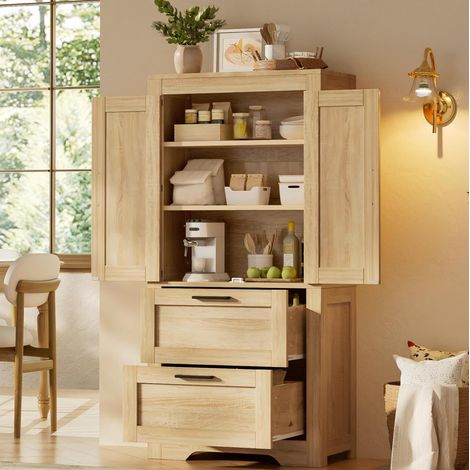 Buffet de cuisine 2 tiroirs, étagères réglables, meuble de rangement, style grange, 80x40x180 cm, MDF naturel (1/5)