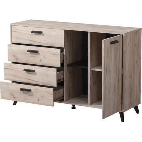 Credenza Issogne, Madia 4 Cassetti, 2 Ripiani, Apertura Battente e Scorrevole, 137.5x40x90.5h cm Marrone Rovere Grigio