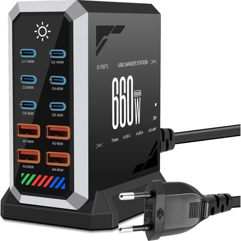 660W Multi-Port USB-C Charger, 10-Port Fast Charging Station with 6 C + 4 A Ports for MacBook Pro/Air, iPad/iPhone 15 Pro/Samsung, etc.