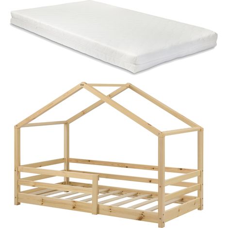 Letto per bambini di design a forma di casetta con barriera protettiva con materasso in schiuma di legno di pino 90x200 cm colore naturale 030005469