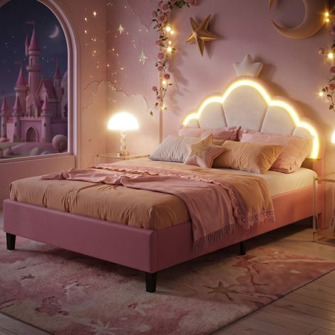Lit rembourré 90x200 cm avec LED RGB et sommier à Lattes,Rose Tête de lit réglable et capitonnée,Velours doux,design couronne style princesse, pour enfants et adolescents,sans matelas (1/5)