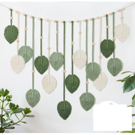 Grande tapisserie à pompons, style bohème, décorative, motif feuilles, tapis tissé - convient pour décorer la chambre, le salon et la chambre d'enfant (vert). (1/5)