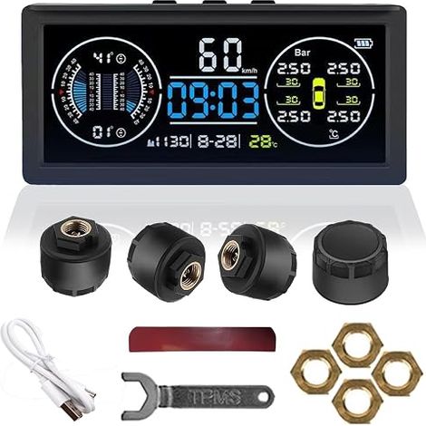 Multifunction Tire Pressure Monitoring System, TPMS With 4 External Sensors, Solar Charging, Universal Speedometer With Color LCD Screen, 9.9 Bar/199 Psi (1/2)