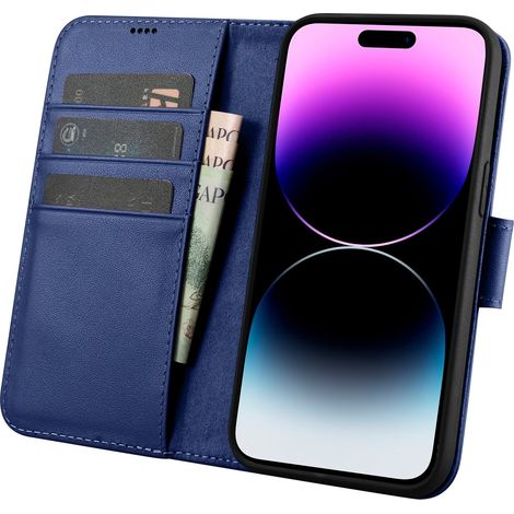Funda tipo cartera de cuero 2 en 1 para iPhone 14 Pro con protecci贸n RFID, color azul. (1/5)