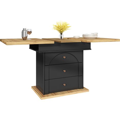 Mesa de comedor extensible 110-140 x 80 cm, con almacenaje oculto y puerta abatible, negra (1/5)