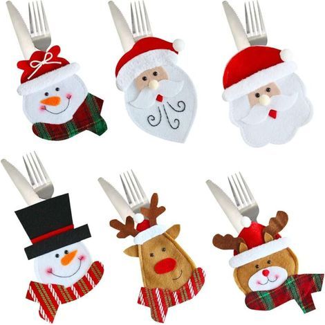 Porte-Couverts de Noël 6 Pièces - Sac de Vaisselle, Porte-Argenterie, Déco Père Noël/Bonhomme de Neige/Elk (1/5)