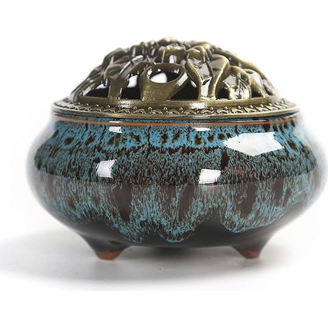 Incensario Cerámico - Tapa De Cobre - Diseño Buda - Acabado Kiln Ice Crack - Para Incienso En Varilla O Cono (1/5)