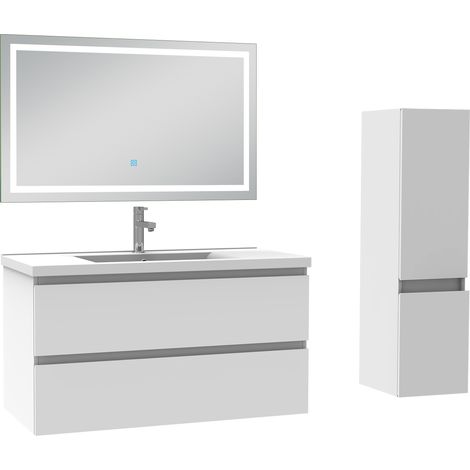 Acezanble Ensemble meuble salle de Bain 100cm simple vasque avec colonne et miroir 3 couleurs blanc (1/5)