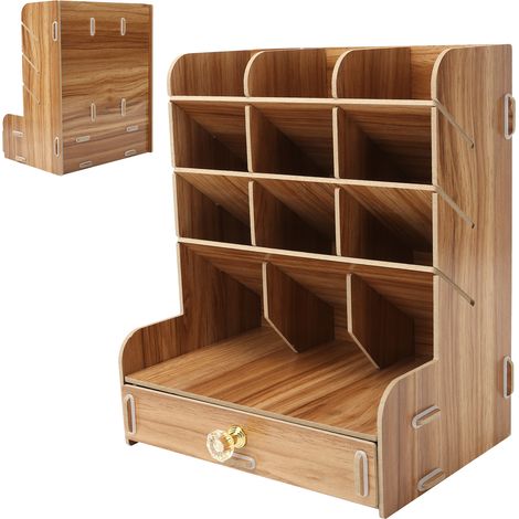 Étagère de bureau en bois avec porte-stylo et rangement pour fournitures, idéale pour la maison ou le bureau (couleur bois cerisier) (1/5)