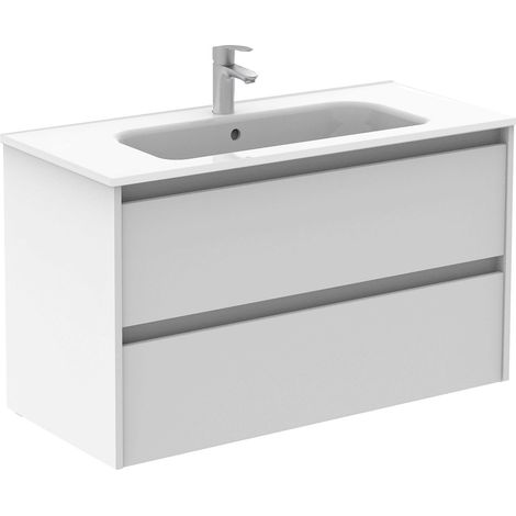 Ensemble de meubles de salle de bains avec 2 tiroirs compacts SANSA - ROYO Couleur : Blanc brillant - Options : Meuble + Vasque - Dimensions : 100 cm (1/2)