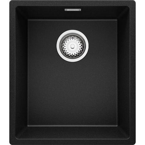 PRIMAGRAN Evier Cuisine en Granit 41x47cm, Lavabo 1 bac + Kit de Vidage, Évier à Encastrer au meuble 45cm - London Slim, Noir (1/5)