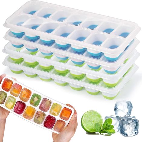 Stampi per cubetti di ghiaccio in silicone da 4 pezzi con coperchio, stampo per cubetti di ghiaccio, certificati LFGB - senza BPA, stampi per cubetti di ghiaccio quadrati facili da rimuovere (2 verdi