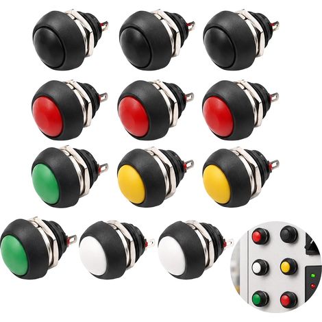 Commande Momentanée IP65 12 mm, Lot de 12 Boutons-Poussoirs Multicolores pour Panneau Électrique, Réinitialisation, Signal Temporaire et Projets DIY (1/5)