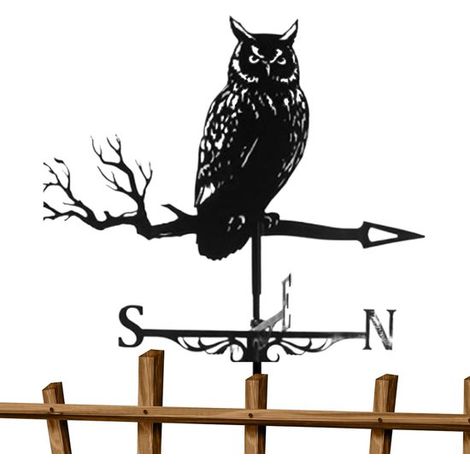 Veleta metálica con silueta detallada de búho en una rama: indicador meteorológico decorativo para jardín，tejado y exteriores，color negro (1/5)