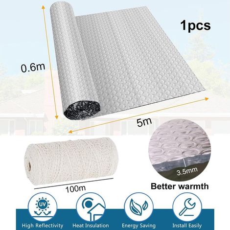 Voile hivernal aluminium, film bulle isolant anti-froid anti-gel plantes et pots jardin — Composition : 0,6 × 5 m, avec 100 m de corde blanche, Couleur : argent (1/5)