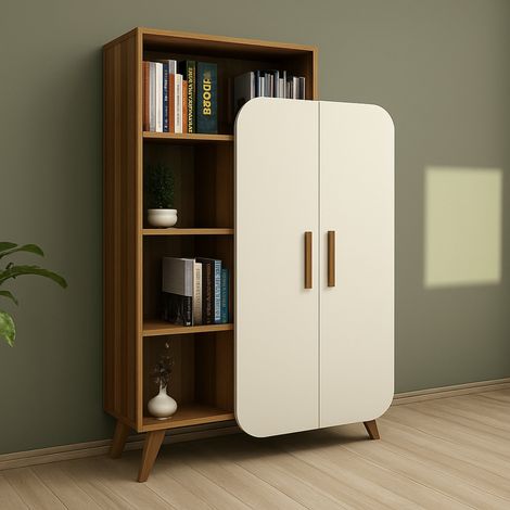 Libreria Agni, Biblioteca 5 Ripiani, 2 Ante, Installazione a Muro, 90x32x132h cm Marrone Noce (1/5)