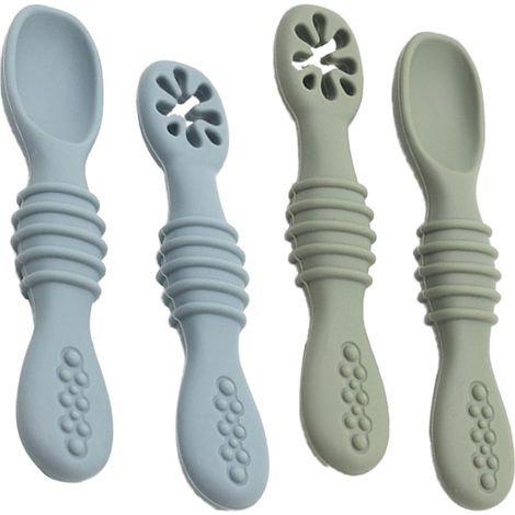 Lot de 2 cuillères d'apprentissage adhésives en silicone pour enfants - Gris-bleu + Gris-vert (1/5)