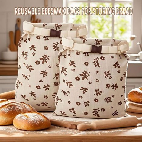 Sac à pain double épaisseur - Mélange lin-coton - Cire d'abeille naturelle - Réutilisable, lavable main - Motif fleurs (1/2)