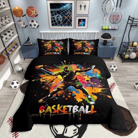 Parure de lit 135 x 200 cm avec housse de couette 135 x 200 cm - Motifs graffitis - Pour enfants - Style sportif - Pour fans de sport et amateurs de basket-ball - Décoration moderne (1/5)