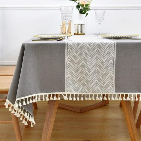 Abwaschbare Tischdecke Leinenoptik 135x135cm Grau mit Quasten