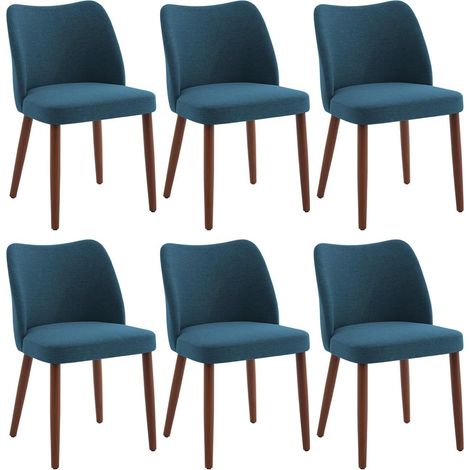 Lot de 6 chaises de salle à manger - assise rembourrée en tissu aspect lin - pieds en Bois- design moderne - bleu (1/5)