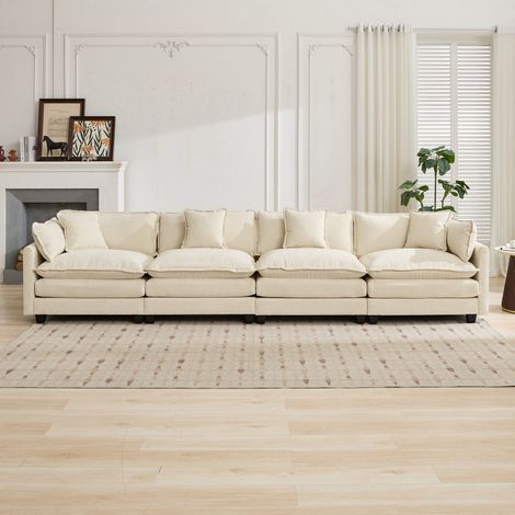 Sofá modular Cloud de 4 plazas - Seccional para salón - Asiento de doble capa - 380 x 75 x 84 cm - en tejido de chenilla beige (1/5)