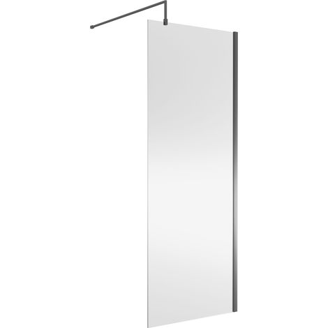 Nuie Wet Room Screen 1850mm High x 800mm Wide with Support Bar 8mm Glass - Brushed Pewter (1/5)