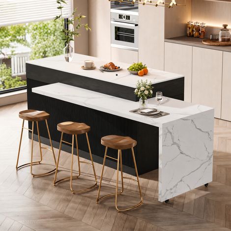 Îlot central de cuisine extensible avec table à manger intégrée, rangement avec tiroirs, placards et étagères, plan de travail effet marbre, meuble de cuisine multifonction sur roulettes, blanc et noi (1/5)