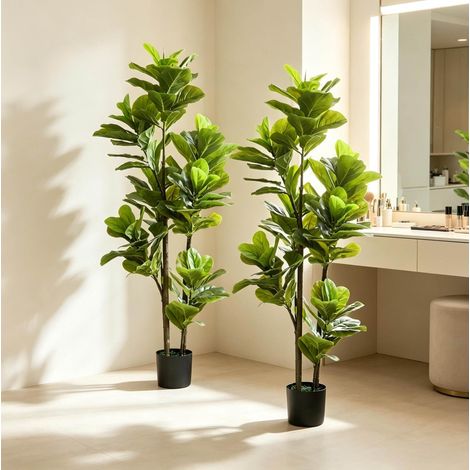 Set de 2 plantas artificiales Ficus lyrata 150 cm verdes con maceta de cemento (1/5)