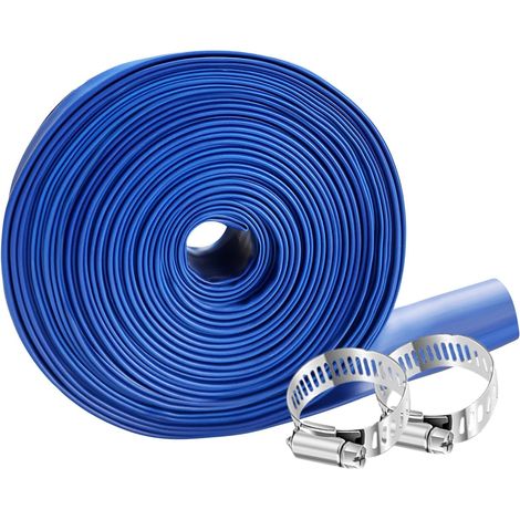 15 m/Ø38 mm Flat Discharge Hose with 2 Clamps Flexible Discharge Hose Pump for Garden, Pool, Pond, Blue (1/5)