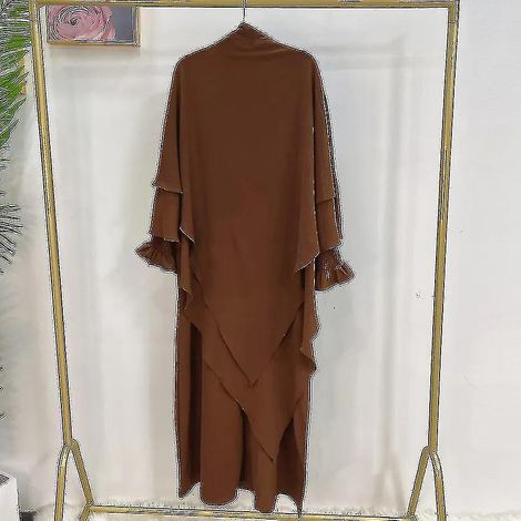 Ramadan Eid Femme Musulmane Jilbab 2 Pièces Abaya avec Hijab Long Khimar Niqab Ensemble Robe de Prière Aérienne Tenue Islam Djellaba Burka-ML-ensemble de café-M-L (1/5)