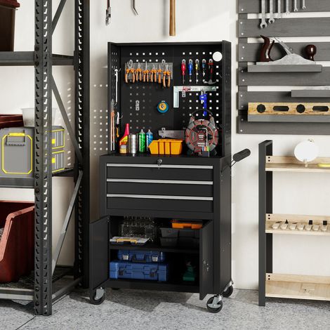 Carro de Herramientas con 3 Cajones Tabla de Pegboard Cerradura por Llave Estante Ajustable 2 Ruedas con Freno Negro (1/5)