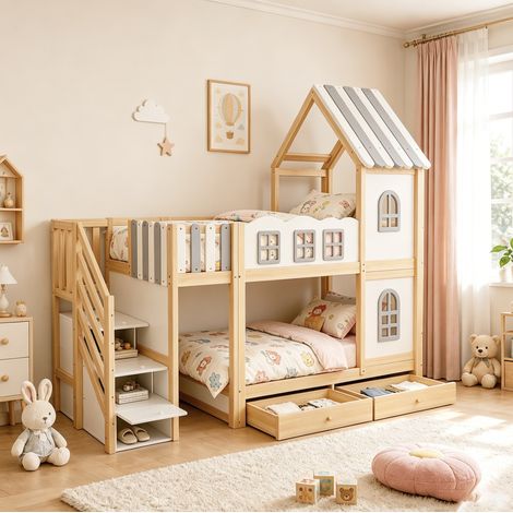 MODFU – Letto a castello per bambini 90x200 cm in legno bianco/grigio con cabina, tetto, barriere nuvola, scala contenitore e cassetti – Bianco/grigio (1/5)