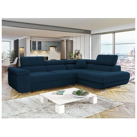 Tendencio – Canapé d'angle convertible L TORIZIO – 5 places – Dossier avec têtières réglables – Longueur 274cm – Largeur 203cm – Couleur bleu