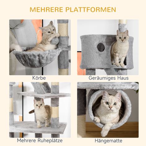 Arbre à chat du sol au plafond hauteur 240-260 cm, griffoir avec boules en peluche, cabane pour chat, hamac, poteaux en sisal, plateformes, arbre à chat à plusieurs étages pour grands chats, gris clai (1/5)