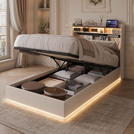 Cama individual 90x200 cm con canapé abatible, LED RGB y puertos USB, estructura tapizada en tejido de lino y cabecero con almacenamiento, Beige (1/5)
