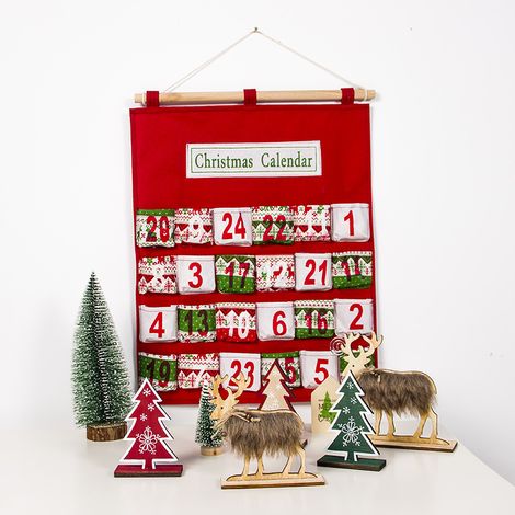 Calendrier de l'Avent 24 pochettes, compte à rebours de Noël en tissu, sac de rangement mural, calendrier surprise réutilisable pour décorations festives (1/3)