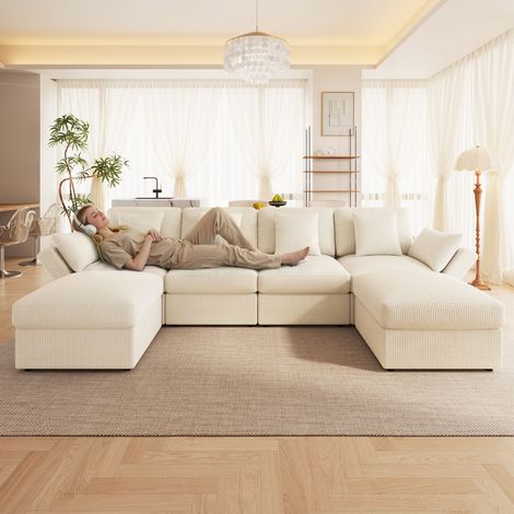 Canapé modulable en U 6 places 290x159,5x89 cm accoudoirs ajustables et pouf détachable,tissu côtelé,beige (1/5)