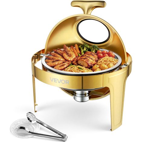 VEVOR Calentador de Comida para Bufe 5,68 L, de Acero Inoxidable, Redondo, Servicio de Catering, con Tapa de Visible, Apertura de la Tapa a 90° 180°, para Banquetes, Fiestas, Bodas y Eventos, Dorado (1/5)