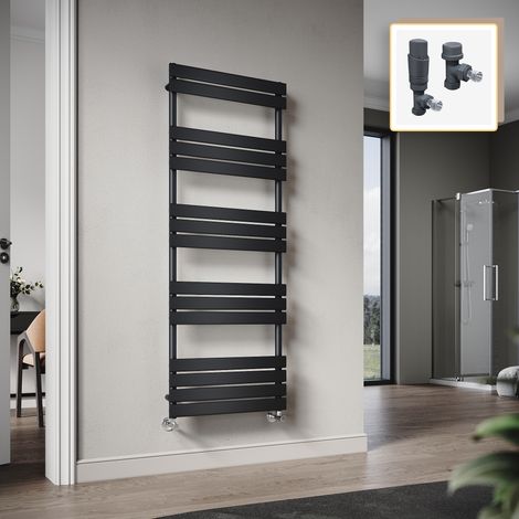 Elegant 1600 x 600mm Heated Towel Rail Black Flat Panel Design Tower Hanger, Modern Bathroom Radiator, Wall Mounted Ladder + Anthracite Thermostatic Radiator Valves (1/5)