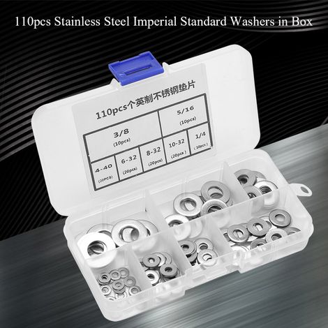 Kit de 110 rondelles plates en acier inoxydable, norme impériale, avec boîte. (1/5)