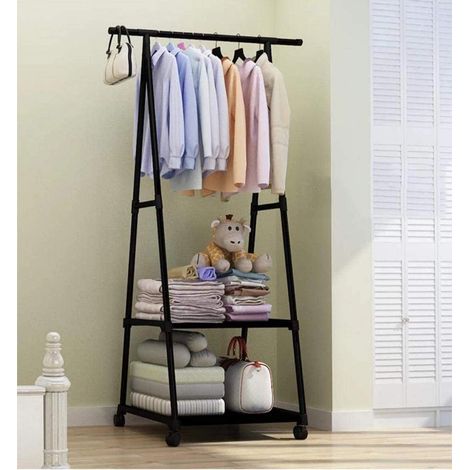 Porte-manteau triangulaire, étagère de rangement sur pied, porte-manteau à roulettes, pour l'organisation de la cuisine et du dressing, noir. (1/5)