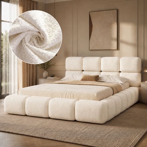 Lit capitonné, lit double 180x200 cm, lit nuage, design bulle, lit avec sommier à lattes et tête de lit rembourrée, blanc bouclé (1/5)