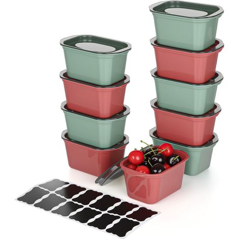 Boites Alimentaires Hermétiques Anti-Fuite avec Couvercles, 10pcs Boite Rangement Plastique, Meal Prep Containers Hermétiques, Utilisables au Micro-ondes et Lave-Vaiselle, 350ml Vertes Rouges (1/5)