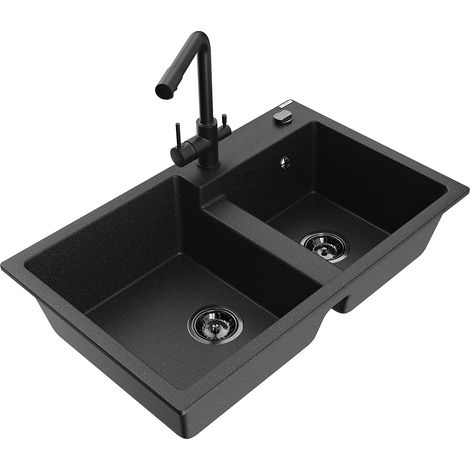 Mexen Tomas lavello in granito a 2 vasche con rubinetto da cucina Duero, nero/metallizzato argento - 6516-73-671600-70-B (1/5)