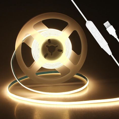 Bande LED COB USB variable 2M 5mm de large 5V blanc chaud 3000K 800 LEDS bande lumineuse autocollante avec interrupteur pour la chambre à coucher, rétroéclairage TV, décoration de cuisine (1/5)