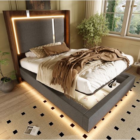 Cama 90x200 cm gris y nogal en lino y madera con LED y canapé abatible (1/5)